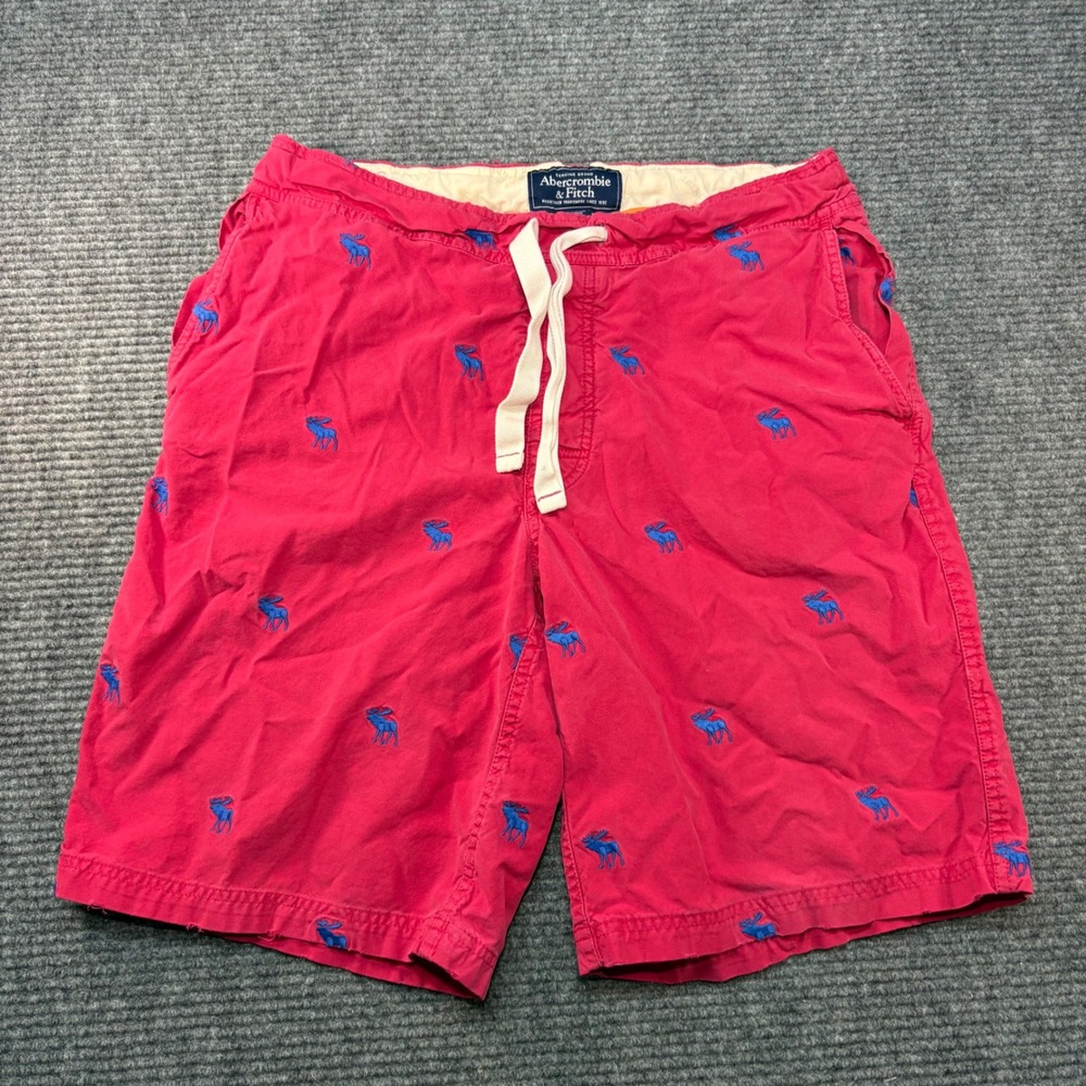 Abercrombie & Fitch Men Pink Blue Embroidered Moose Shorts Size S Drawstring VTG
